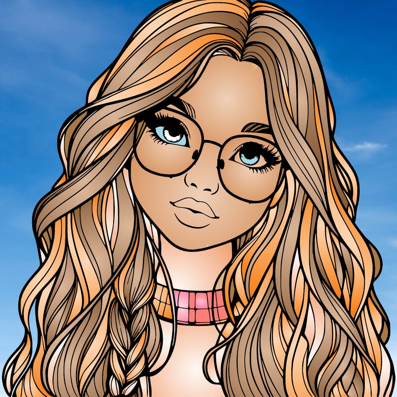 girl with long hair and freckles and glasses realistic