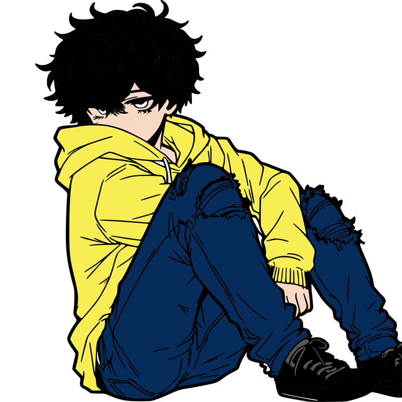 a male hoddie ripped jeans messy hair anime