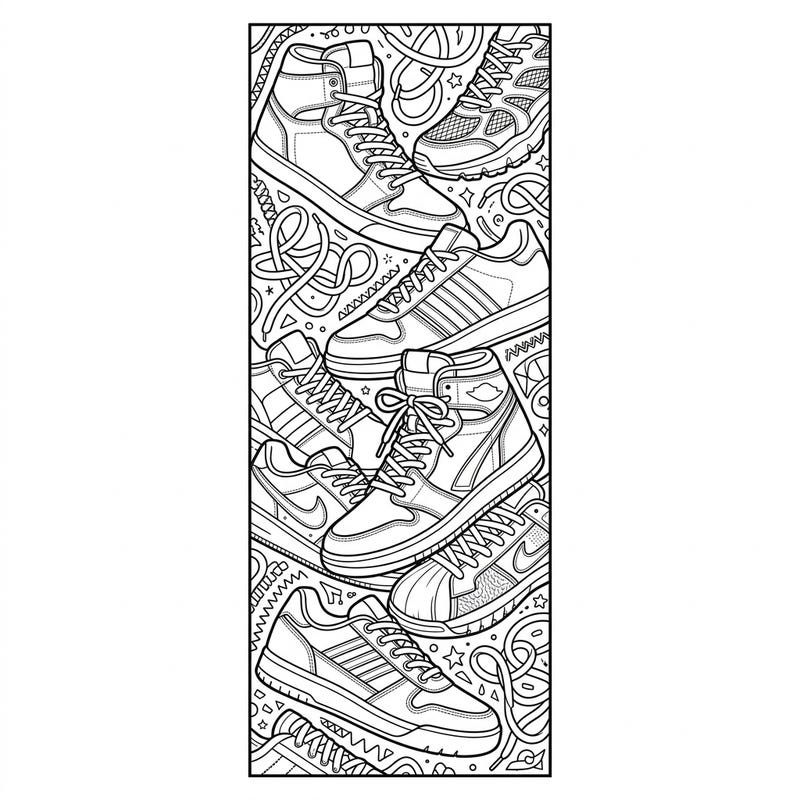 Dive into the world of athletic footwear with this unique sneaker coloring page, designed as a stylish bookmark. Personalize your favorite shoe styles and add a touch of urban flair to your reading adventures.