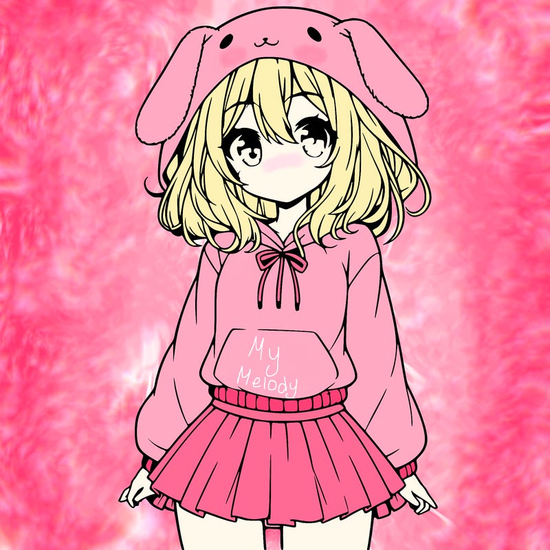 pretty anime girl wearing a fluffy hoodie with bunny ears on the hood and a skirt