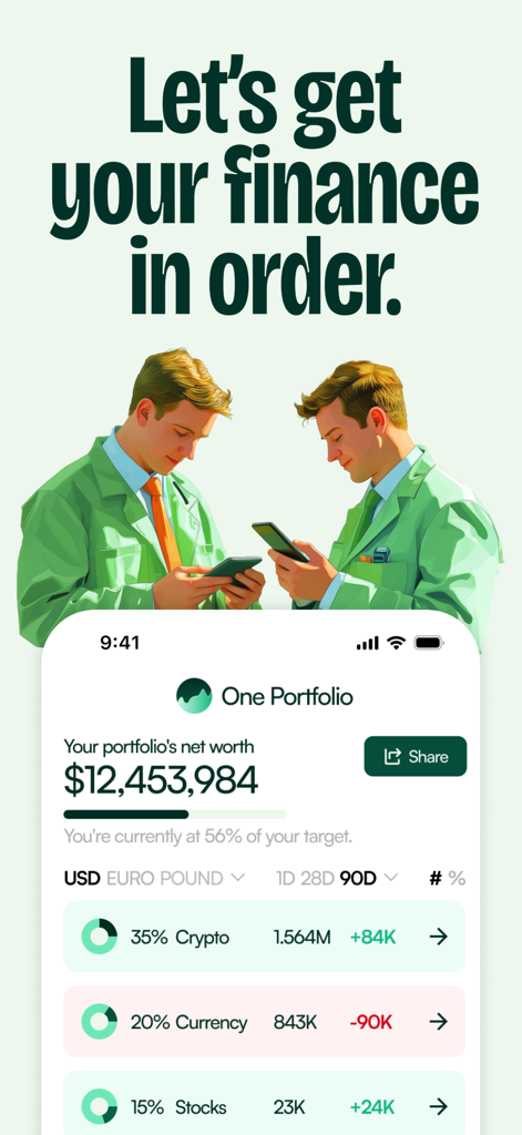 One: Portfolio & Stock Tracker - One Portfolio app dashboard displaying total net worth and asset allocation for crypto and stocks