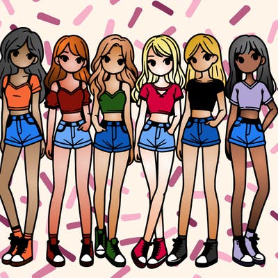 a group of girls wearing crop tops and shorts
