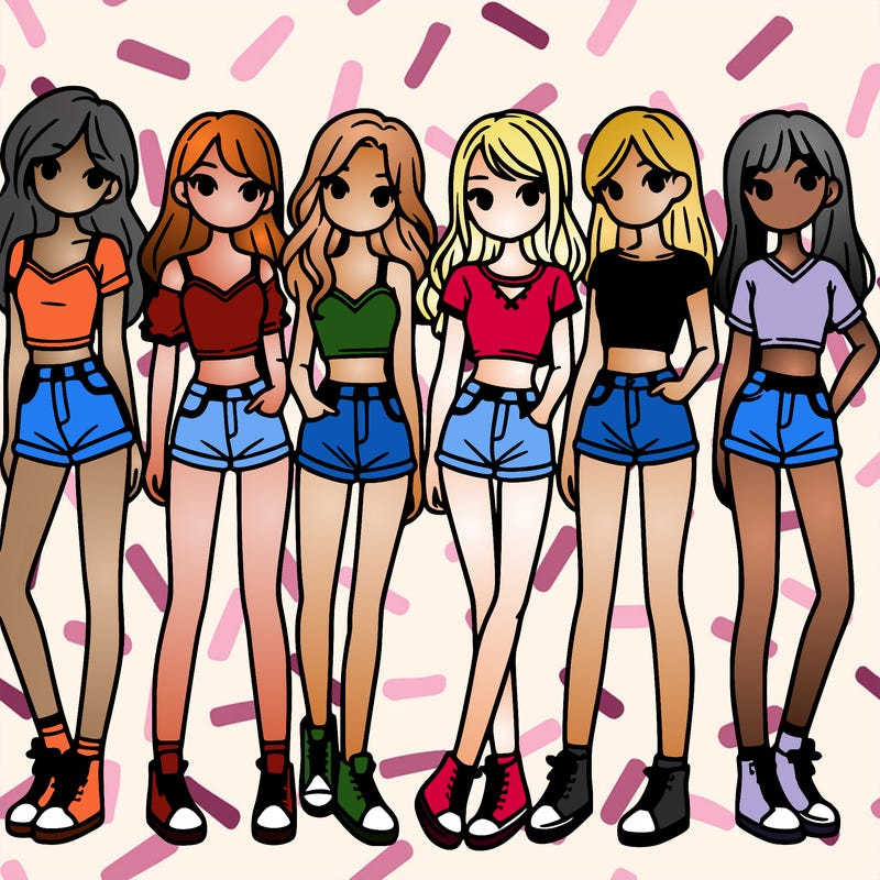 a group of girls wearing crop tops and shorts