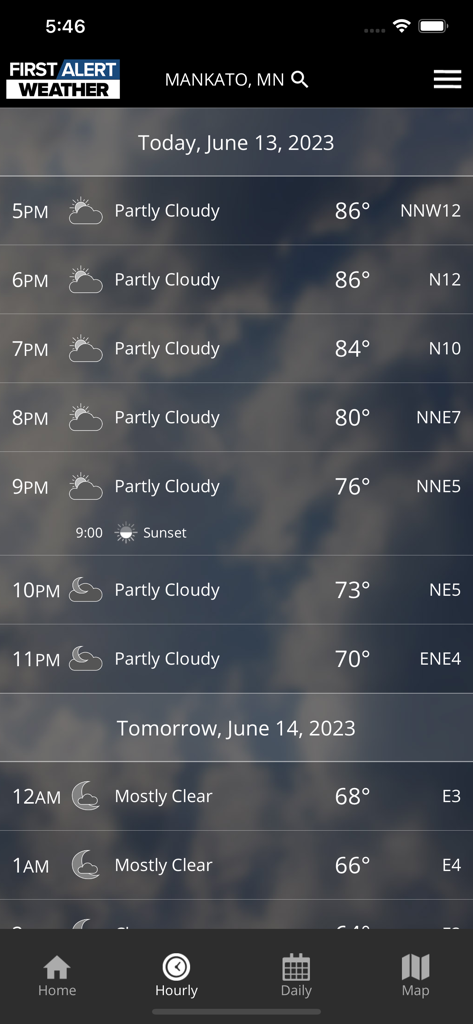 Hourly weather forecast for Mankato Minnesota showing temperature and sky conditions on the KEYC First Alert Weather app.