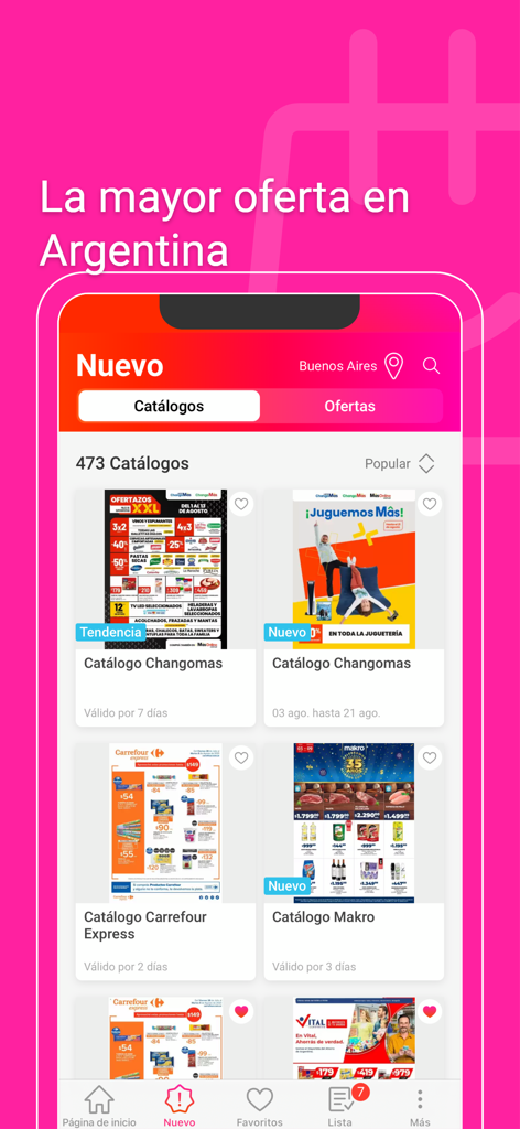 Catálogos y ofertas Argentina - Interfaz de aplicación móvil mostrando varios catálogos de compras y ofertas en Argentina