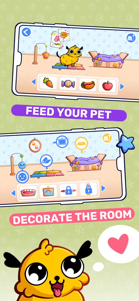 Learning Games for Kids . - Educational app interface for kids showing virtual pet care and room decoration features