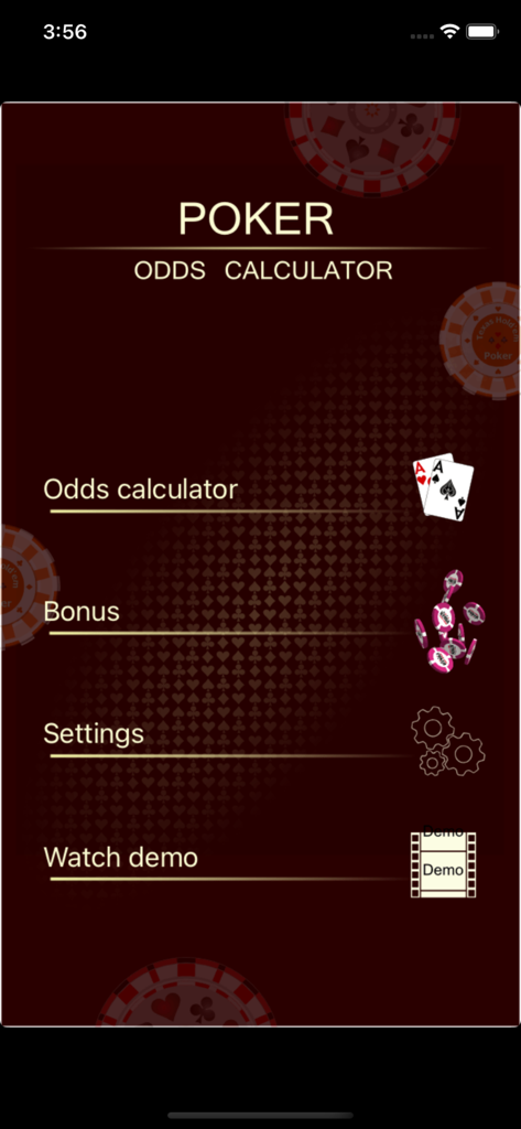 Main menu of The Poker Calculator app with navigation options