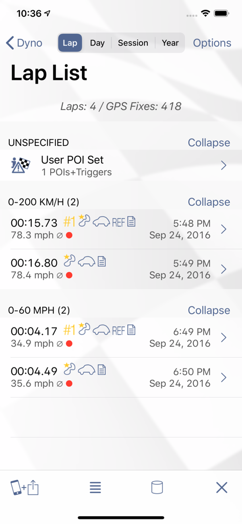 Interface of Harry's Dyno app showing a lap list with acceleration times for 0-60 mph and 0-200 km/h tests.