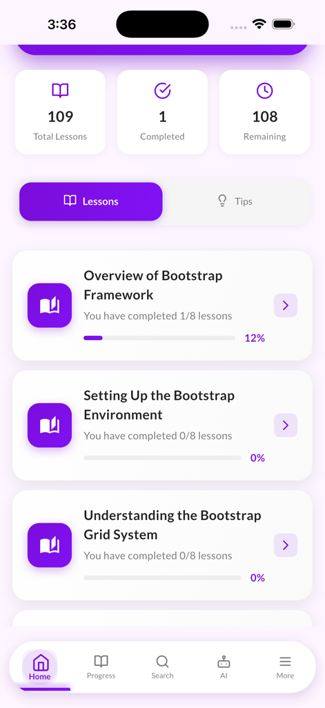Dashboard of the Learn Bootstrap CSS Offline app displaying total lessons completed and progress on front end development modules