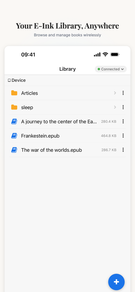 CrossPoint Sync - CrossPoint Sync app library screen showing managed EPUB files and folders on an e ink device