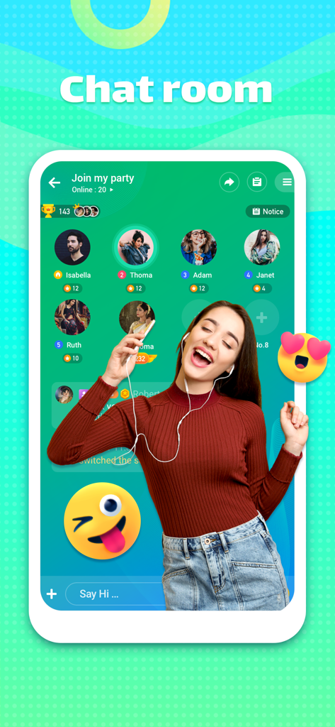 Qwick Live - Enjoy Live&Party - Qwick Live app interface showing a virtual voice chat room with user avatars and a singing woman