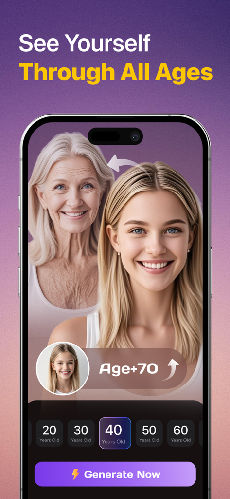 SnapEdit AI - Mobile app interface of SnapEdit AI showing a young woman transformed into an older version using the photo aging filter.