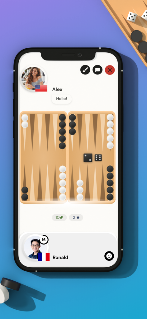 Backgammon Pro Online - Gameplay mobile di Backgammon Pro Online con partita multigiocatore in tempo reale e interfaccia chat
