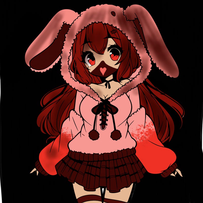 pretty anime girl wearing a fluffy hoodie with bunny ears on the hood and a skirt