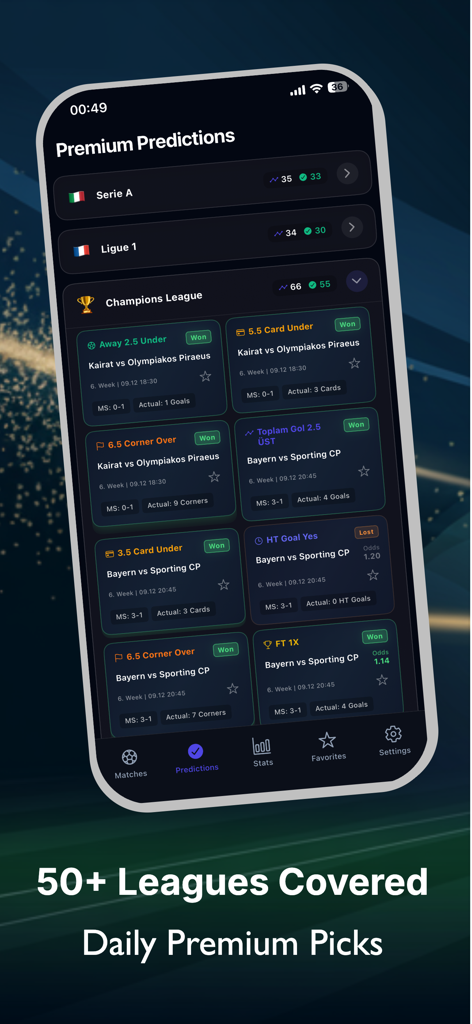 ScoreLab: Soccer Predictions - Pantalla de la aplicación ScoreLab que muestra predicciones premium de fútbol y consejos de apuestas para múltiples ligas