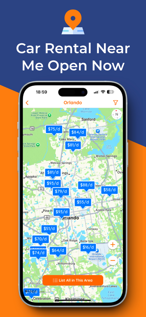 Pantalla de la aplicación Carla que muestra un mapa de Orlando con varios pines de precios de alquiler de coches y un encabezado de alquiler de coches cerca de mí.
