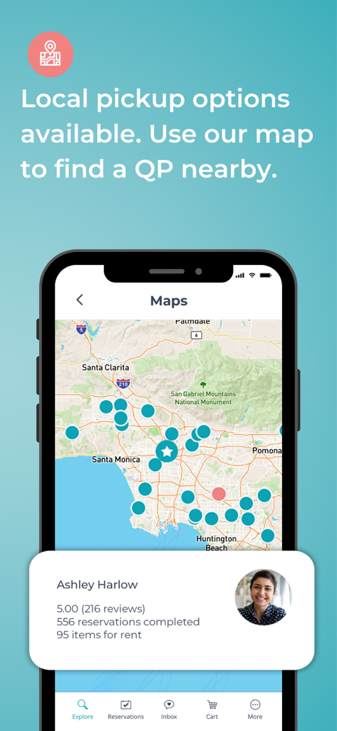 BabyQuip - Baby Gear Rentals - BabyQuipアプリの地図機能を示すモバイル画面。詳細なプロバイダープロフィールを持つ、地元のベビー用品レンタルプロバイダーを見つけるための機能です。