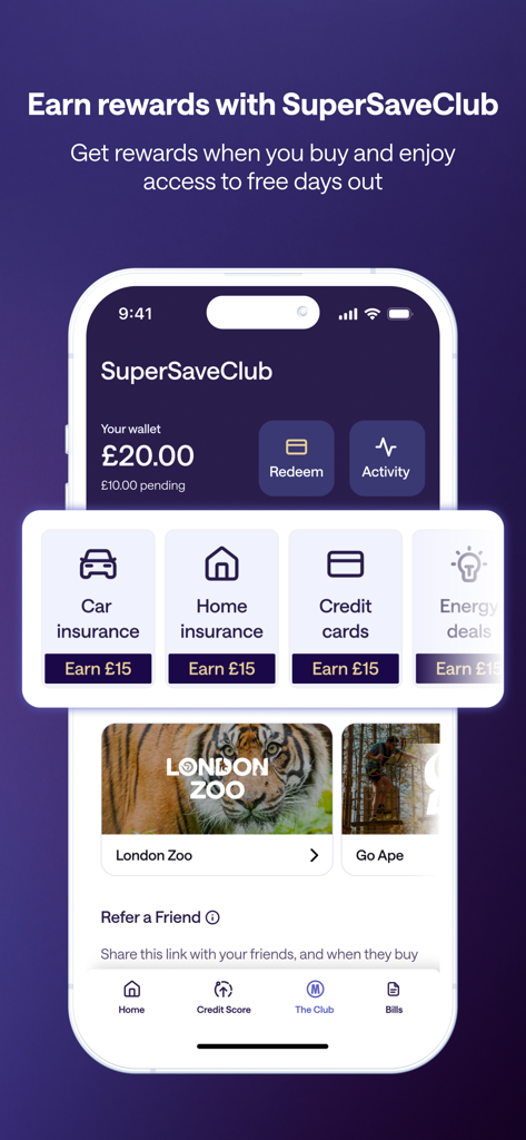 MoneySuperMarket app interface showing SuperSaveClub rewards for insurance and lifestyle offers