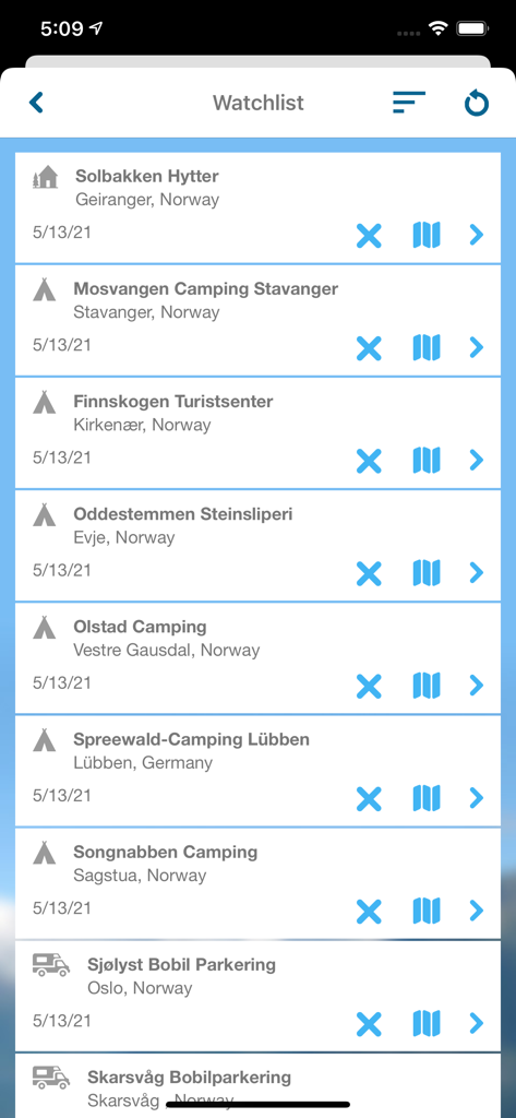 A watchlist of saved campsites and cabins in Norway and Germany within the NorCamp app.