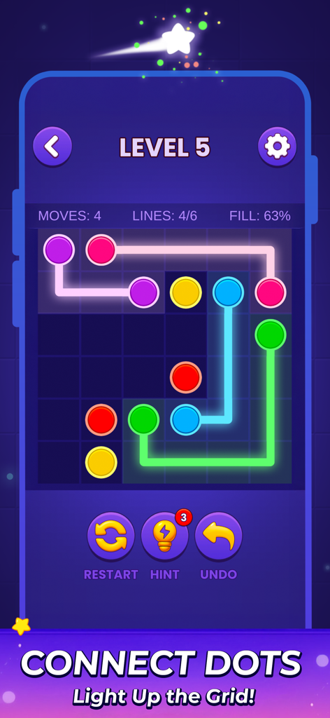 Color Dots Connect - Gameplay of Color Dots Connect showing a logic puzzle grid with neon colored lines connecting matching dots