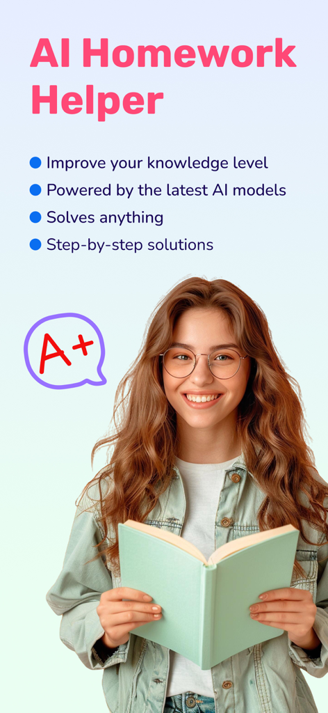 AI Homework Helper Work Solver - A smiling student holding a book with an A plus symbol promoting an AI homework solver app for step by step solutions
