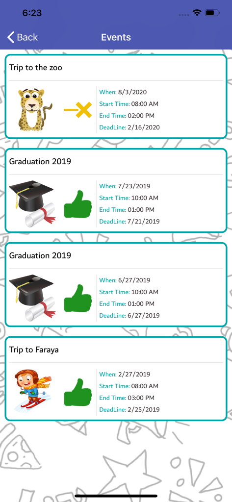 iCare Kids - iCare Kids App-Bildschirm, der eine Liste von Schulveranstaltungen zeigt, darunter ein Zoobesuch und eine Abschlussfeier mit Daten und Genehmigungsstatus