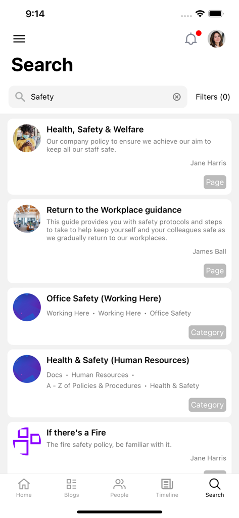 my intranet by Interact - Enterprise search interface in the Interact intranet app displaying safety related document results