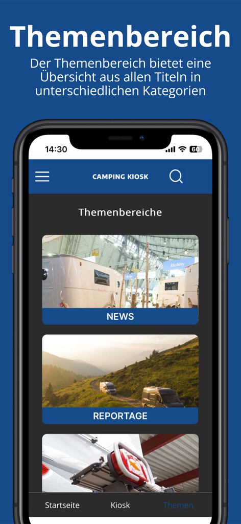 Camping Kiosk app interface showing news and reportage topic categories for RV enthusiasts
