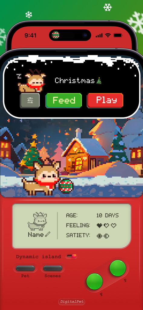 Pixel Shimeji: My Digital Pet - Pixel Shimeji app interface showing a digital reindeer pet in a Christmas snowy village with a retro handheld game console design and Dynamic Island controls
