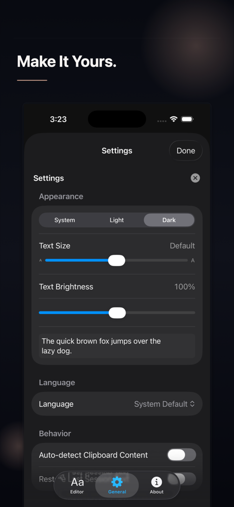 TextNova app settings screen showing options for appearance theme text size and clipboard behavior