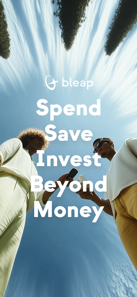 Bleap: Finance & Crypto Card - Pantalla promocional de la aplicación Bleap con el lema Gasta Ahorra Invierte Más Allá del Dinero
