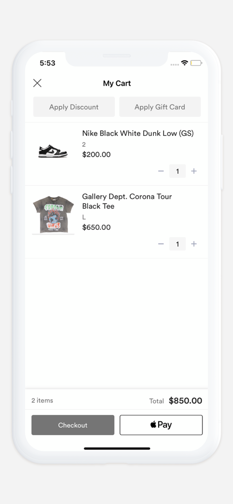 Showroom LA - Carrito de compras en la aplicación Showroom LA con sneakers Nike Dunk y streetwear de Gallery Dept con opciones de pago