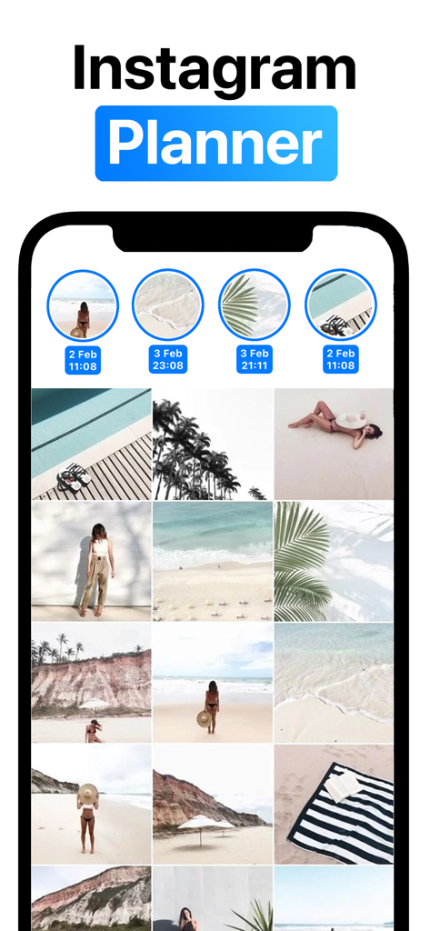 Feed Planner: Preview Posts - iPhone screen showing a curated Instagram feed planner with a beach aesthetic photo grid.