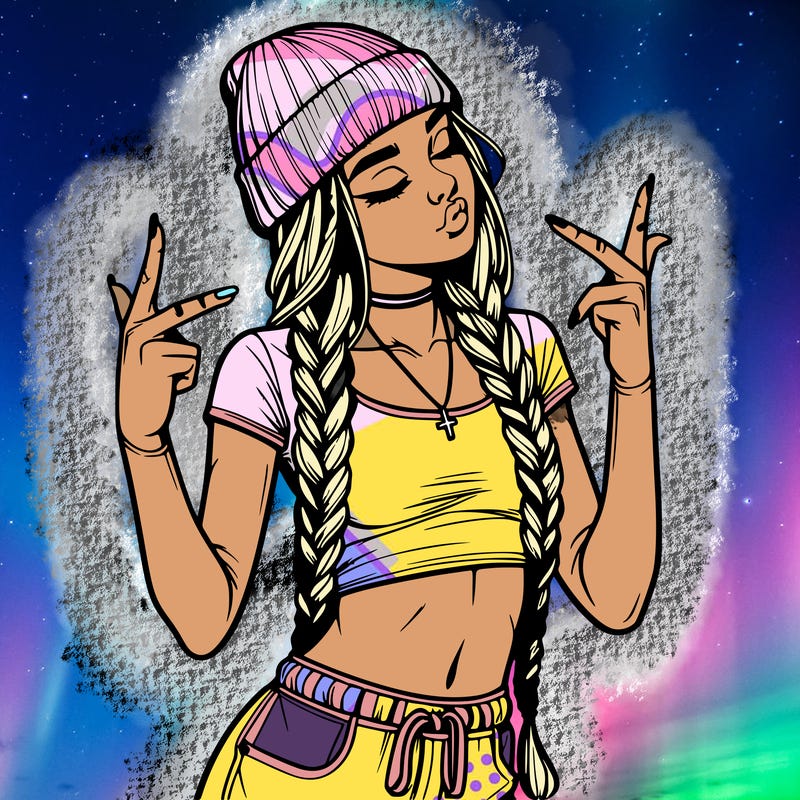 realistic teenage girl with braids and a beanie and crop top doing 🫶🏼