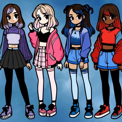 one girl with crop-top shirt and a jacket with a skirt, long socks and another girl with a shirt and pants with a jacket