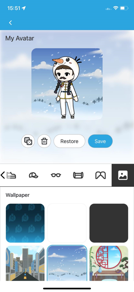 Interface for customizing a user avatar and selecting a wallpaper background in the Popworld mobile app