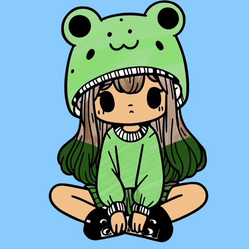 a girl wearing a frog hat and some frog socks