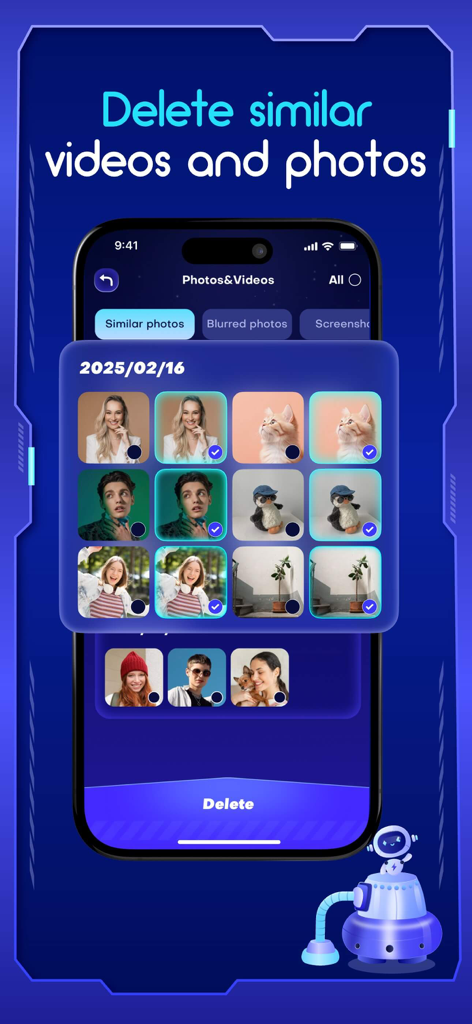 Interfaccia dell'app Phone Master che mostra la funzione per eliminare foto e video simili per liberare spazio.