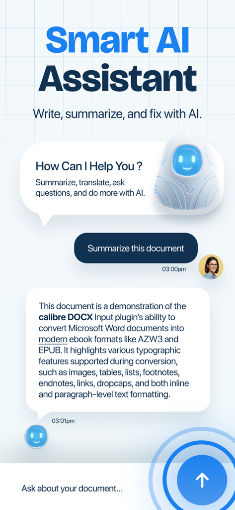 Interface of the Word Editor app showing a smart AI assistant summarizing a document through a chat interface.