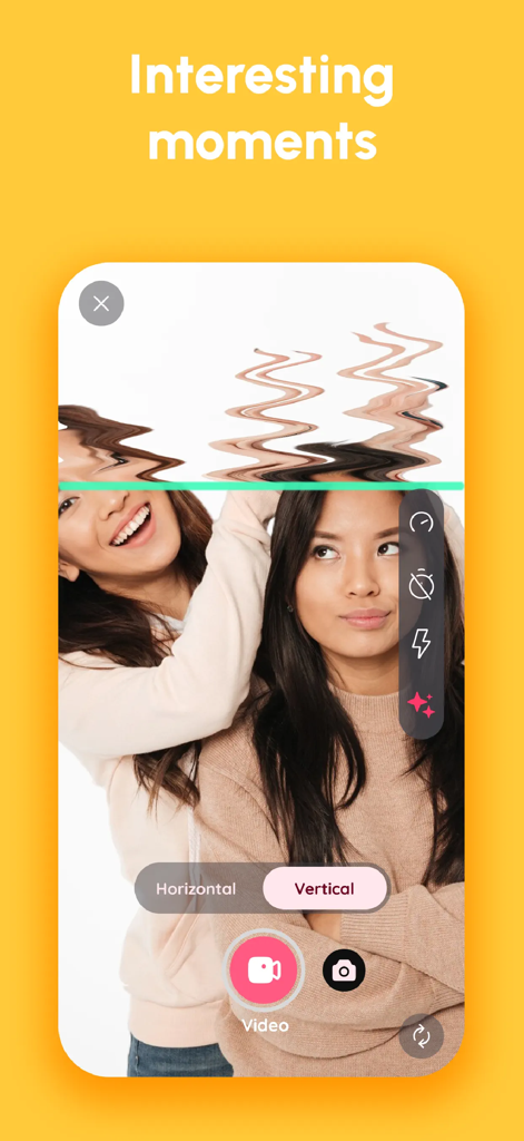 Two friends using a time warp scan filter to create funny wavy hair effects