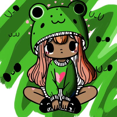 a girl wearing a frog hat and some frog socks