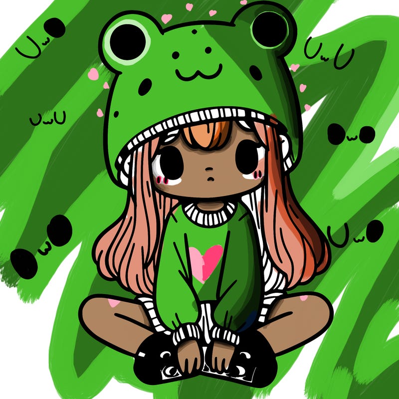 a girl wearing a frog hat and some frog socks