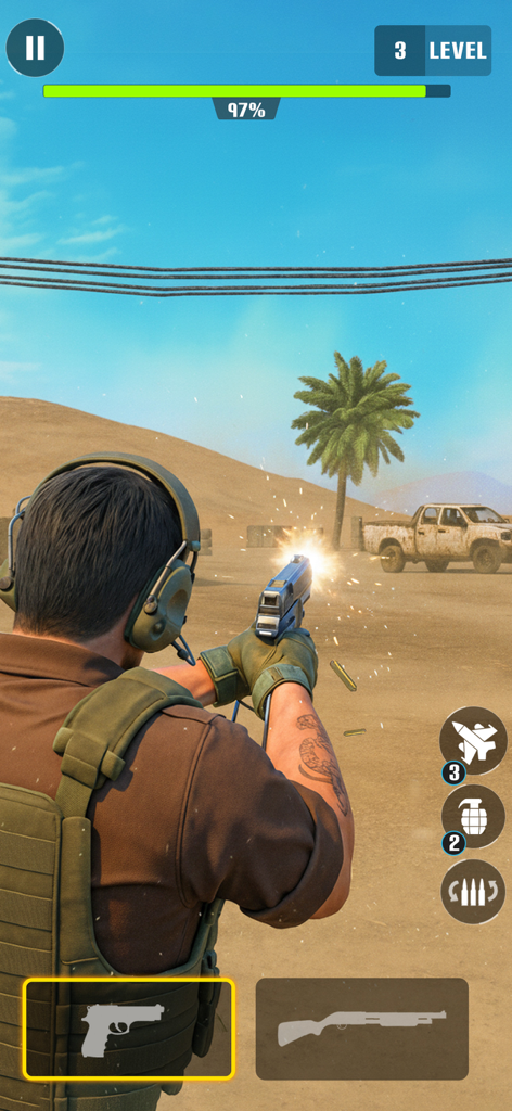 Commando Assault: Gun Shooter - Vista en tercera persona de un comando disparando una pistola en una zona de combate desértico
