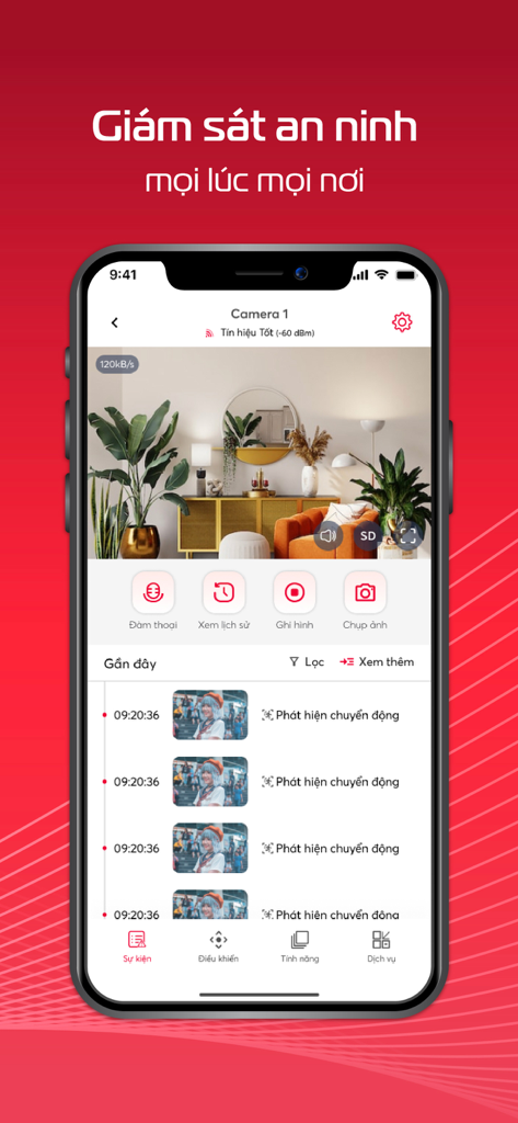 Viettel Home - Viettel Home app interface showing live security camera footage and motion detection history