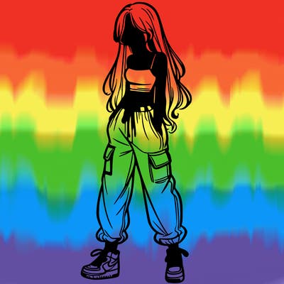 girl in baggy pants crop top and long hair