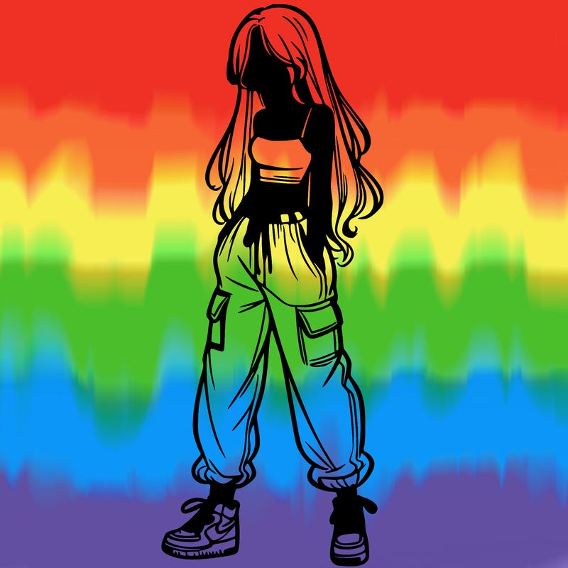 girl in baggy pants crop top and long hair