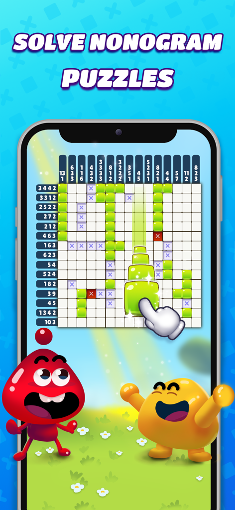 Nonogram Crossing Logic Puzzle - Eine Person löst ein Logikgitterrätsel in der Nonogram Crossing App mit niedlichen animierten Charakteren unten.