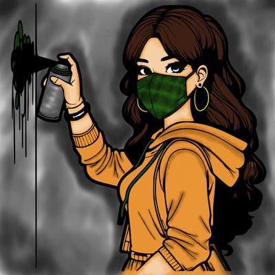 realistic girl with mask spray painting a wall