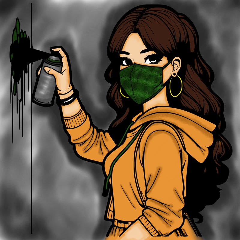 realistic girl with mask spray painting a wall