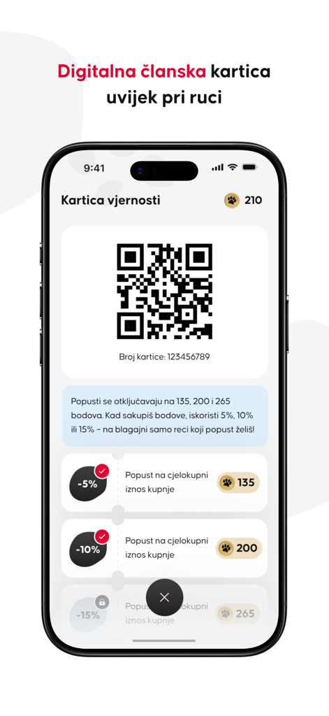 Pet centar HR - Smartphone screen showing the Pet centar HR digital loyalty card with a QR code and earned reward points.